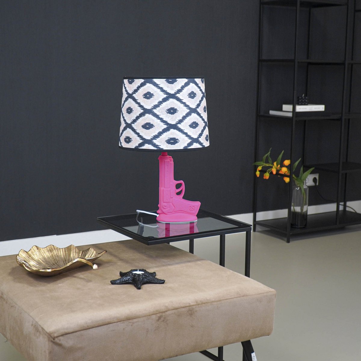 Lampshade - Kelim Print - Polyester - Black/White-26x30x23cm