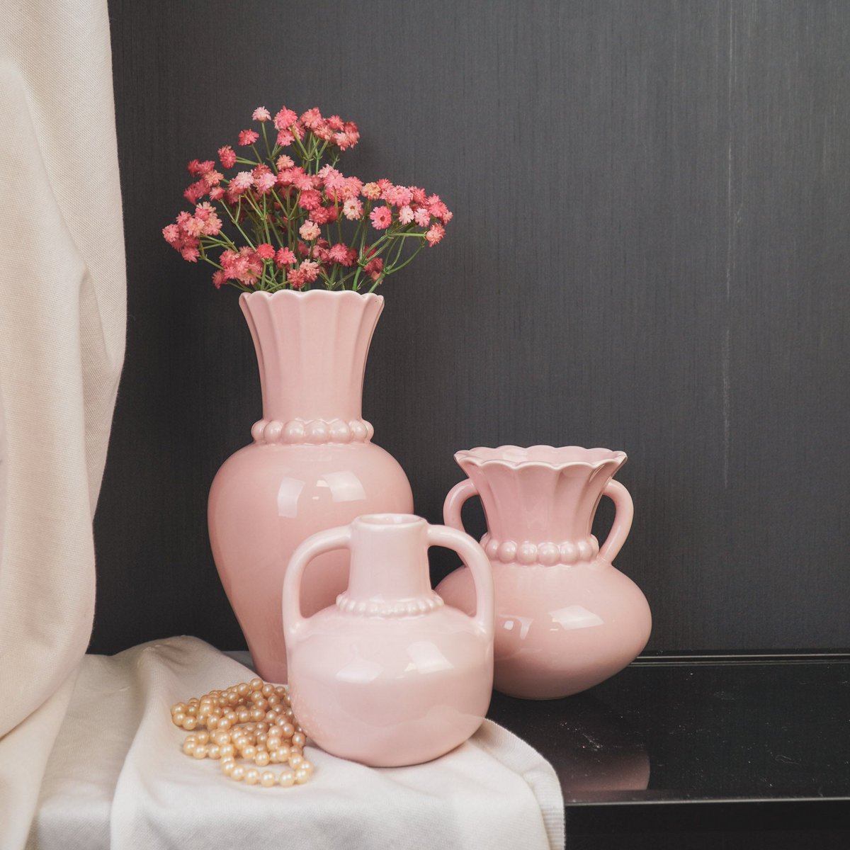 Vase - Pearl Neck - Stoneware- Light Pink- 14x14x15cm